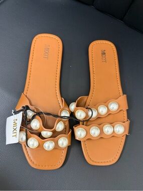 Mixit Tan Slide Sandals with Pearl Strap Accents